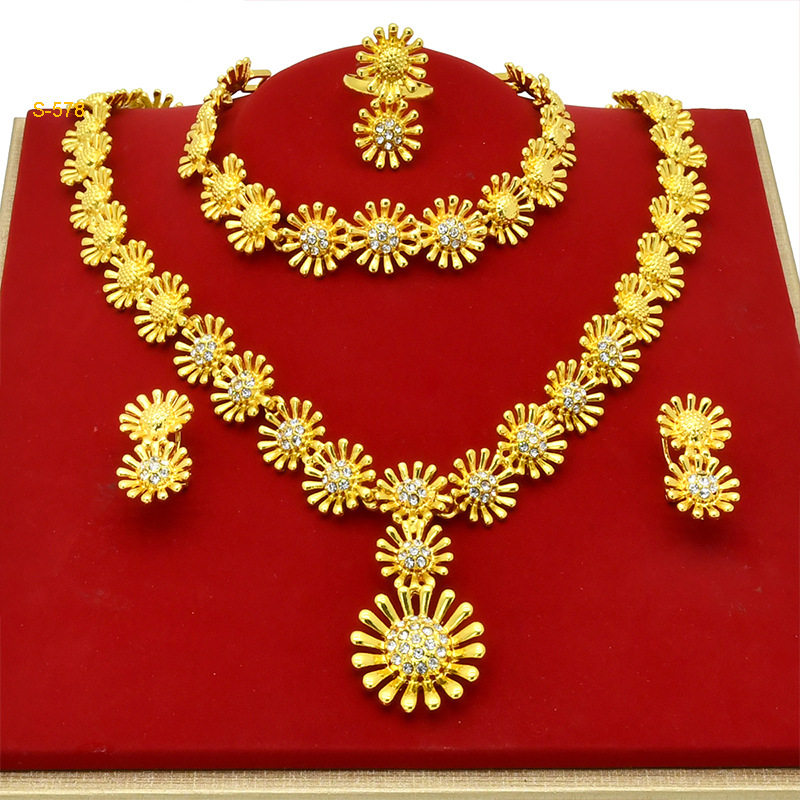 跨境沙特阿拉伯热销饰品套装镀金首饰花形项链手镯耳环戒指四件套,淘宝优惠券,粉丝福利购,淘宝优惠卷