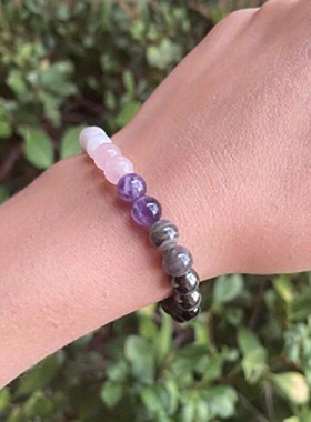 跨境爆款女士手链紫水晶粉水晶灰闪光黑胆石手链高端轻奢翡翠手串