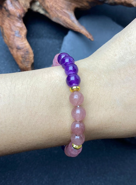 跨境手链天然石草莓晶手环情侣男女皆宜紫水晶金元素手串珠串饰品