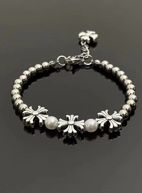 碎银十字花拼接手链男感手串情侣款配饰复古百搭小众嘻哈饰品