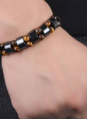 亚马逊跨境热卖 男士虎眼石手链 手串时尚串珠黑胆石弹性玉石批发