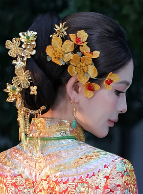 新娘头饰新中式金黄色头花结婚礼服旗袍晨跑秀禾龙凤褂汉服发饰品