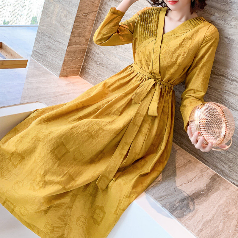 新款秋秋冬气质棉麻法式复古连衣裙 品唐斋连衣裙