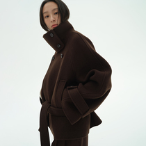 sagestudio winter wool laminated flap-wood brown curry jacket styled with outline-shaped short coat jacket