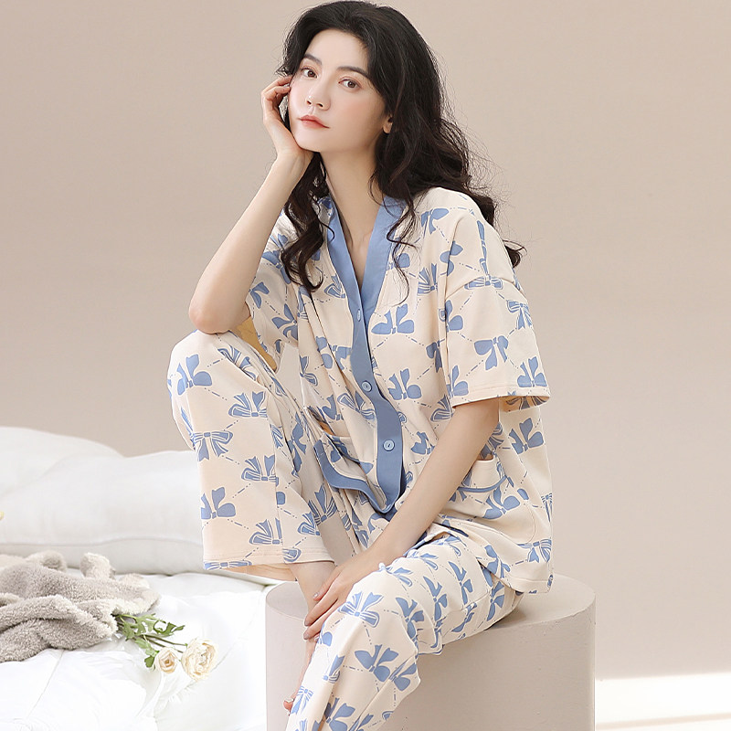 春秋款短袖家居服套装女款纯棉睡衣 北极绒杭州睡衣/家居服套装