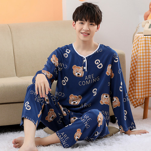 男士棉绸睡衣男青少年绵绸套装男款初中高中学生人造棉空调家居服 - 图1