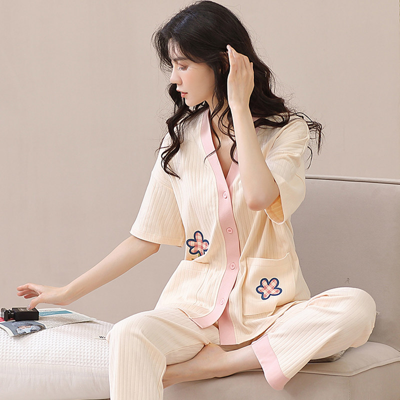 春秋款短袖家居服套装女款纯棉睡衣 北极绒杭州睡衣/家居服套装