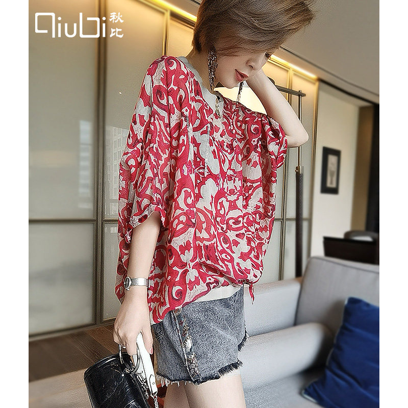 秋比超薄雪纺半袖2020夏季新款衬衫 qiubi服饰蕾丝衫/雪纺衫