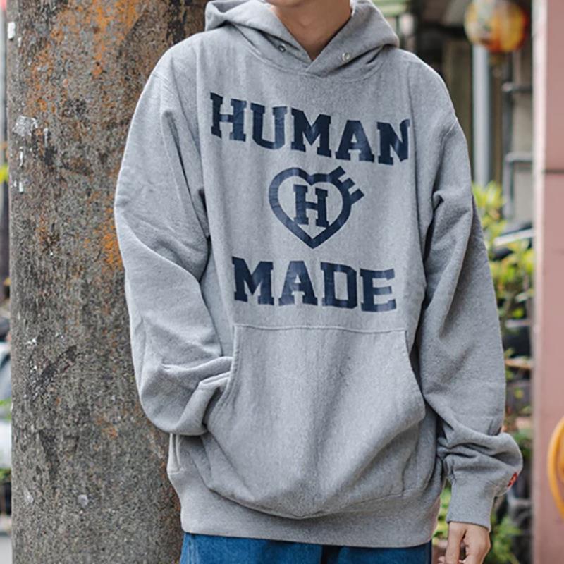 【现货】Humans Mades爱心H字母加绒帽衫日系情侣宽松秋连帽卫衣 - 图3