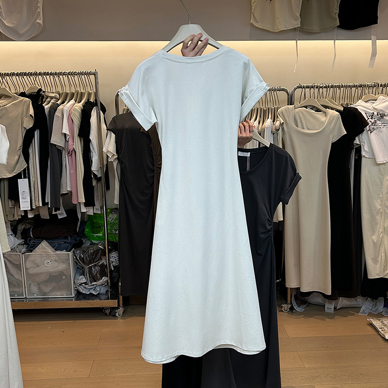 十三行女装新款法式复古短袖连衣裙女夏天设计感收腰褶皱气质长裙