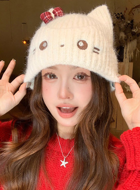 日系甜美猫咪保暖护耳针织帽女
