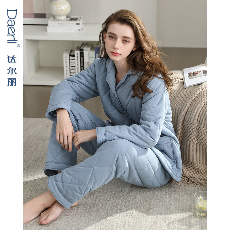 达尔丽加厚夹棉睡衣女冬纯棉保暖长袖三层空气棉家居服秋冬厚套装,淘宝优惠券,粉丝福利购,淘宝优惠卷