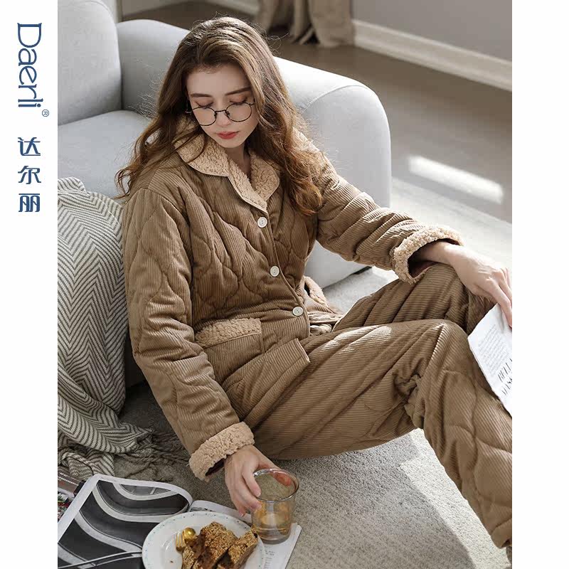 达尔丽秋冬夹棉睡衣女珊瑚绒加厚长袖保暖法兰绒三层空气棉家居服,淘宝优惠券,粉丝福利购,淘宝优惠卷