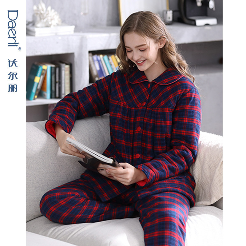 达尔丽睡衣女冬季纯棉长袖加厚保暖夹棉梭织毛布格子女家居服套装,淘宝优惠券,粉丝福利购,淘宝优惠卷