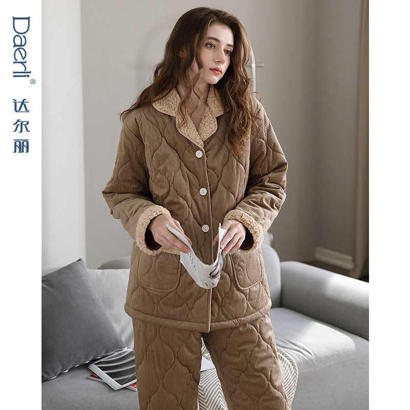 达尔丽秋冬夹棉睡衣女珊瑚绒加厚长袖保暖法兰绒三层空气棉家居服,淘宝优惠券,粉丝福利购,淘宝优惠卷