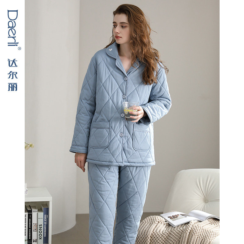 达尔丽加厚夹棉睡衣女冬纯棉保暖长袖三层空气棉家居服秋冬厚套装,淘宝优惠券,粉丝福利购,淘宝优惠卷