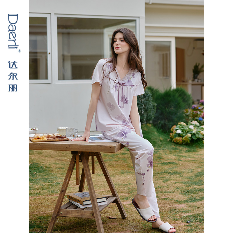 达尔丽新款蕾丝V领睡衣女夏季短袖纯棉柔软粉色印花家居服薄套装