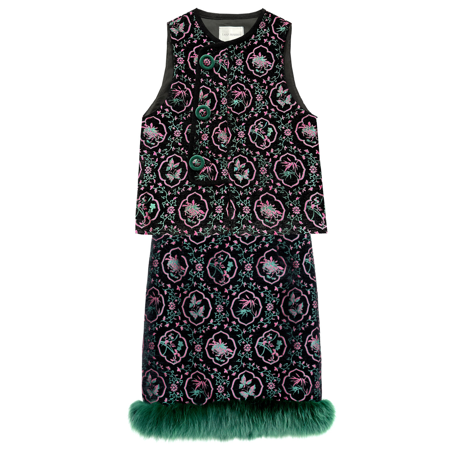 TWANG新年复古团花光感刺绣中式旗袍纽扣马甲狐狸毛包臀半裙套装,淘宝优惠券,粉丝福利购,淘宝优惠卷