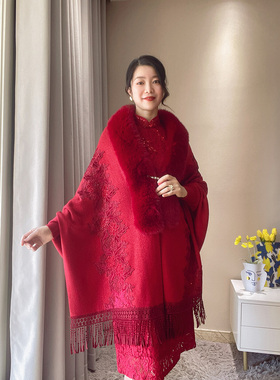 冬季刺绣中国风女流苏披肩