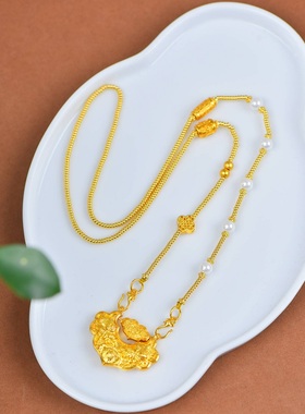 沙金福字双钩链小红书同款双耳挂绳链锁包项链毛衣链锦鲤如意锁