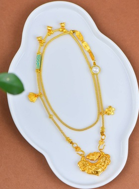 金店同款沙金铃兰花锦鲤锁双钩链新中式毛衣链平安如意锁吊坠