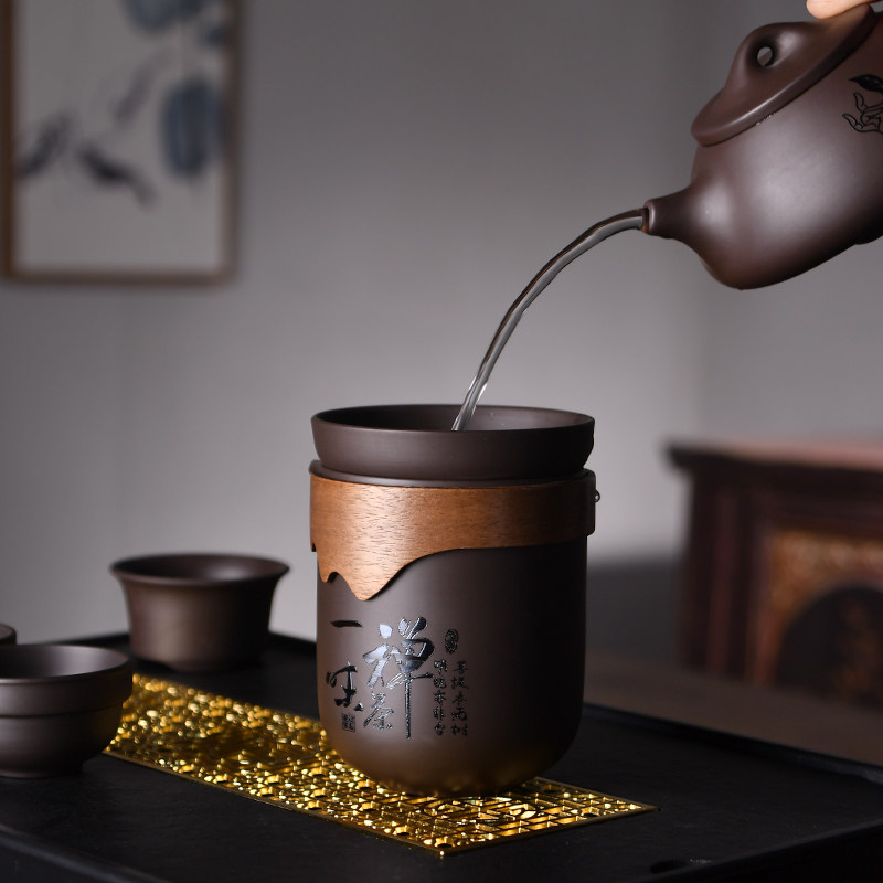 刻字紫砂公道杯茶海分茶器陶瓷茶漏套装防烫木圈手抓中式家用大号_虎窝淘