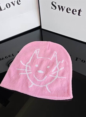 韩版可爱猫咪提花套头毛线帽女秋冬季保暖包头帽显脸小护耳针织帽