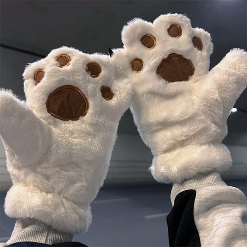 毛绒可爱小熊手套女冬季卡通学生骑行骑车防风防寒男加绒加厚保暖 - 图0