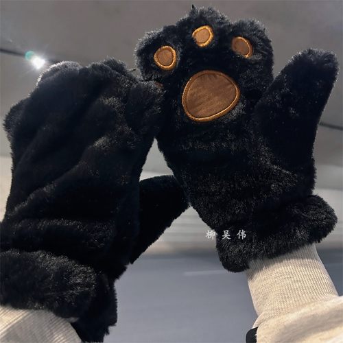 毛绒可爱小熊手套女冬季卡通学生骑行骑车防风防寒男加绒加厚保暖 - 图3