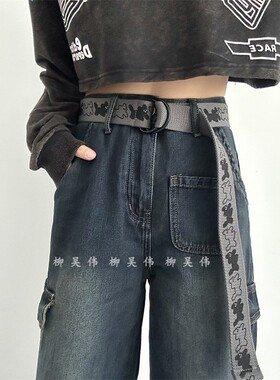 美式高街小狗印花帆布皮带双环扣