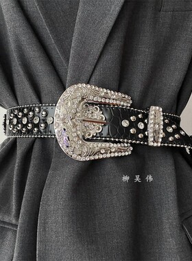 鳄鱼纹皮带水钻腰带美式欧美