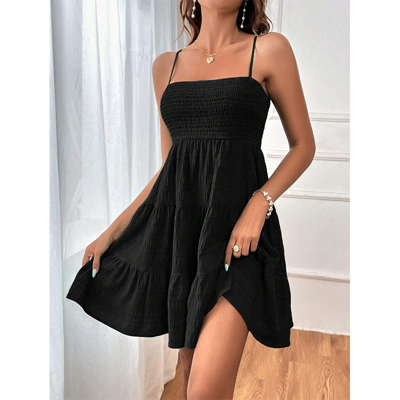 一字领细吊带纯色连衣裙  Off-shoulder Neck Spaghetti Dress - 图2