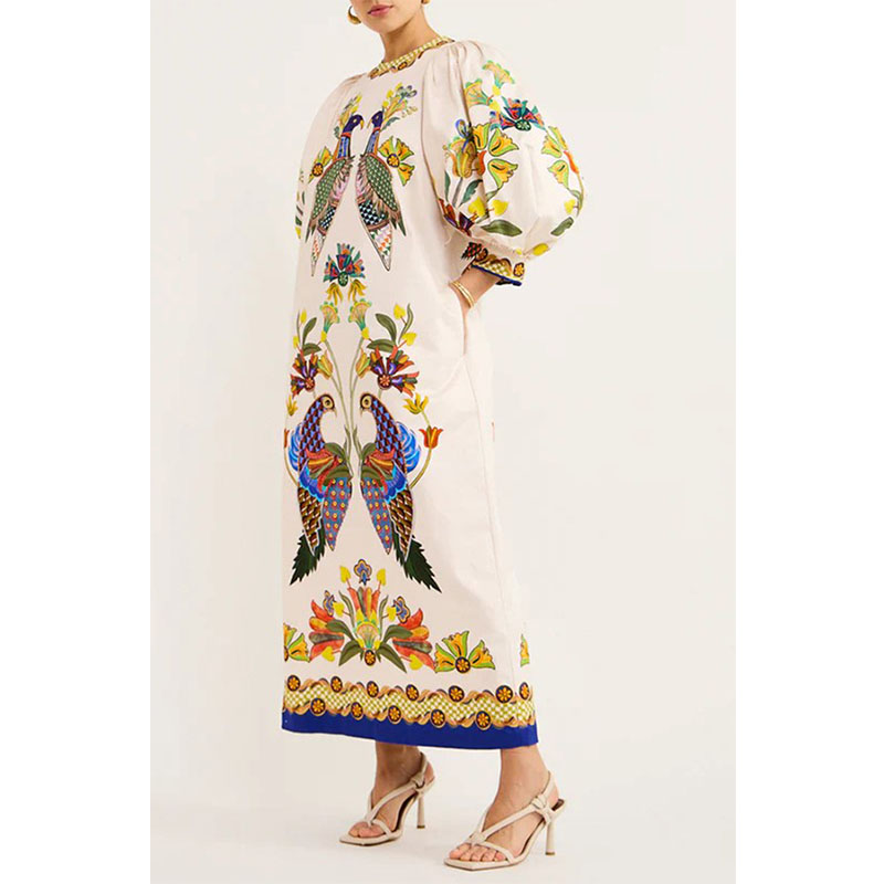 Peacock Print Dresses For Women Bohemian 3/4 Bollon Sleeve - 图2