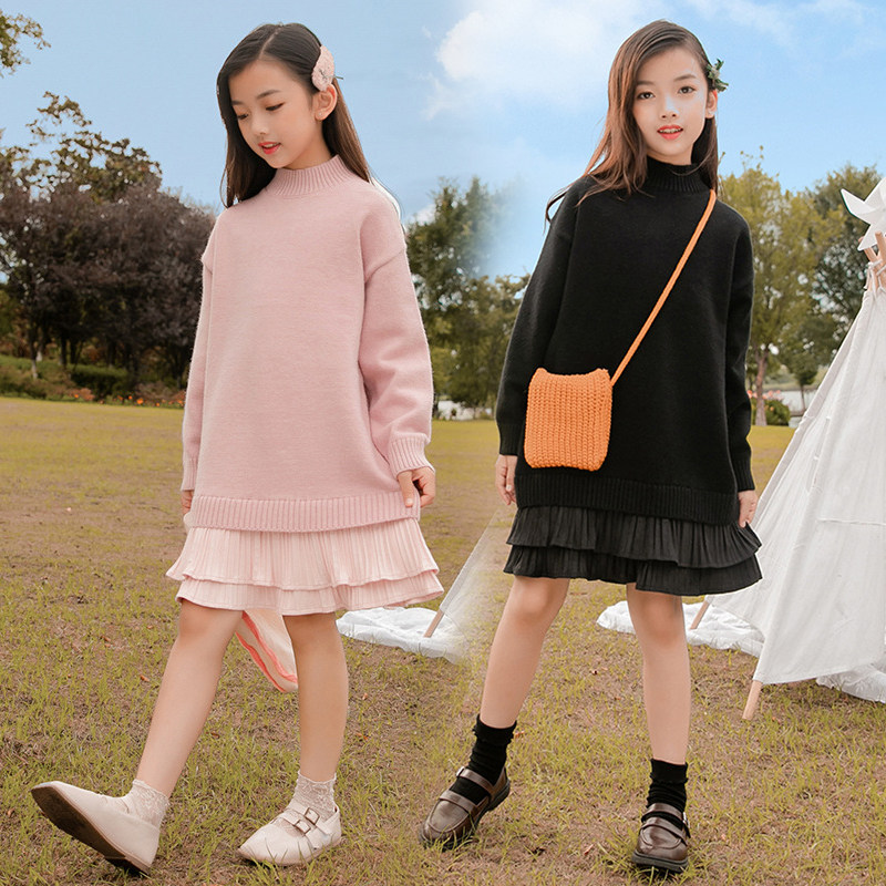 春秋冬季女童中长款毛衣裙拼接针织连衣裙百搭女孩中大童打底裙子,淘宝优惠券,粉丝福利购,淘宝优惠卷