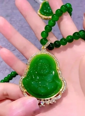 仿翡翠绿色笑口常开弥勒佛项链女时尚爆款显白毛衣链长款佛祖饰品