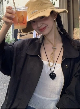 韩国fever同款皮质黑色爱心麻绳项链可调节桃心时髦辣妹锁骨链女