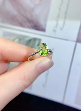 S925银天然橄榄石开口可调戒指