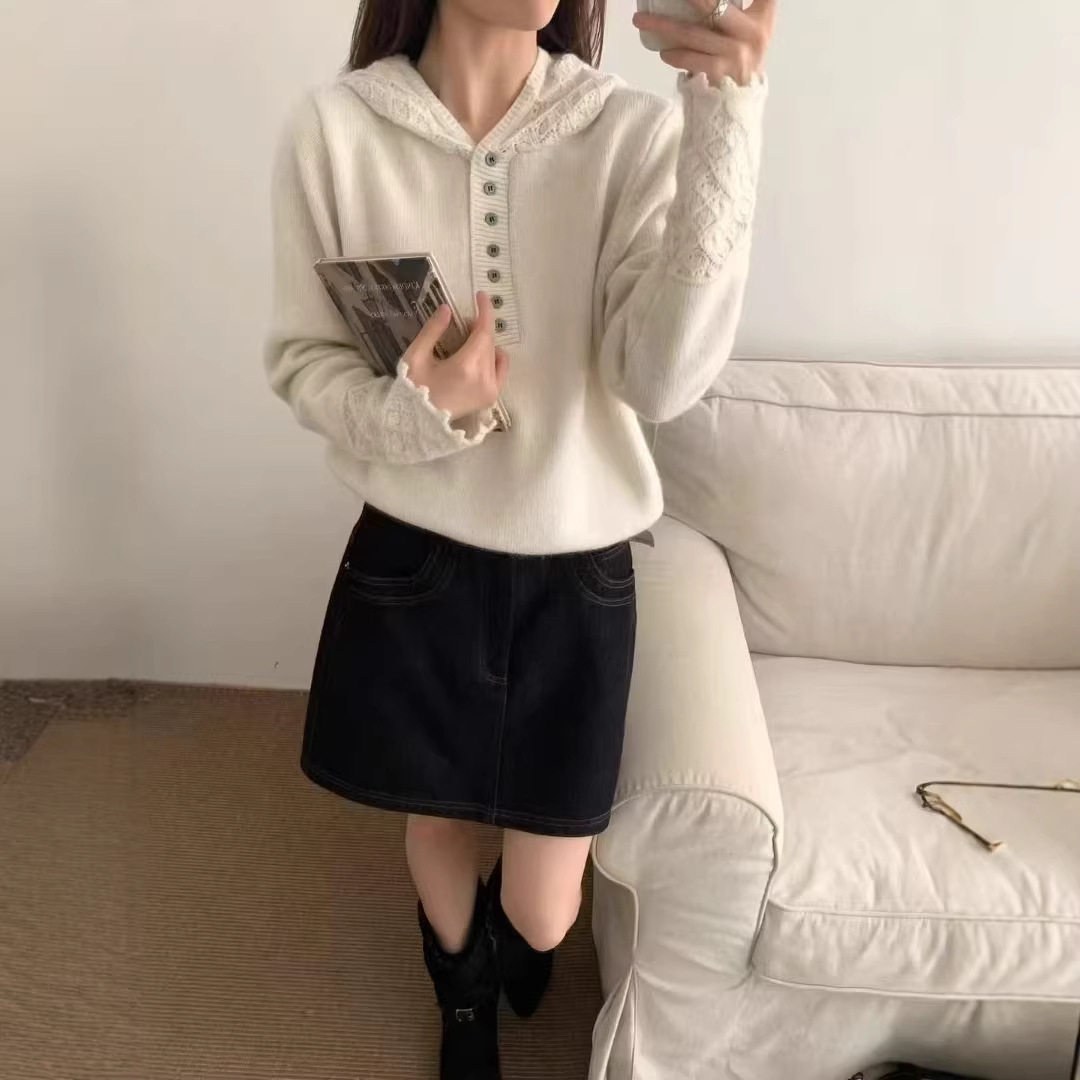 KJ镂空钩花连帽羊毛针织衫女欧洲站2025冬装新款女装打底毛衣女,淘宝优惠券,粉丝福利购,淘宝优惠卷