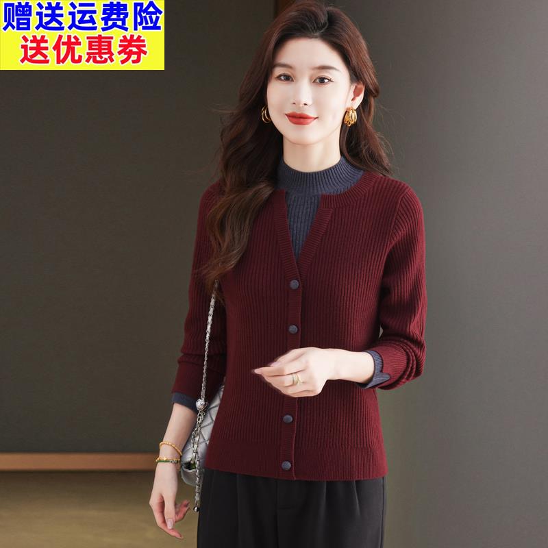 秋冬新款时尚假两件半高领毛衣女短款宽松安哥拉红针织打底衫上衣 - 图1