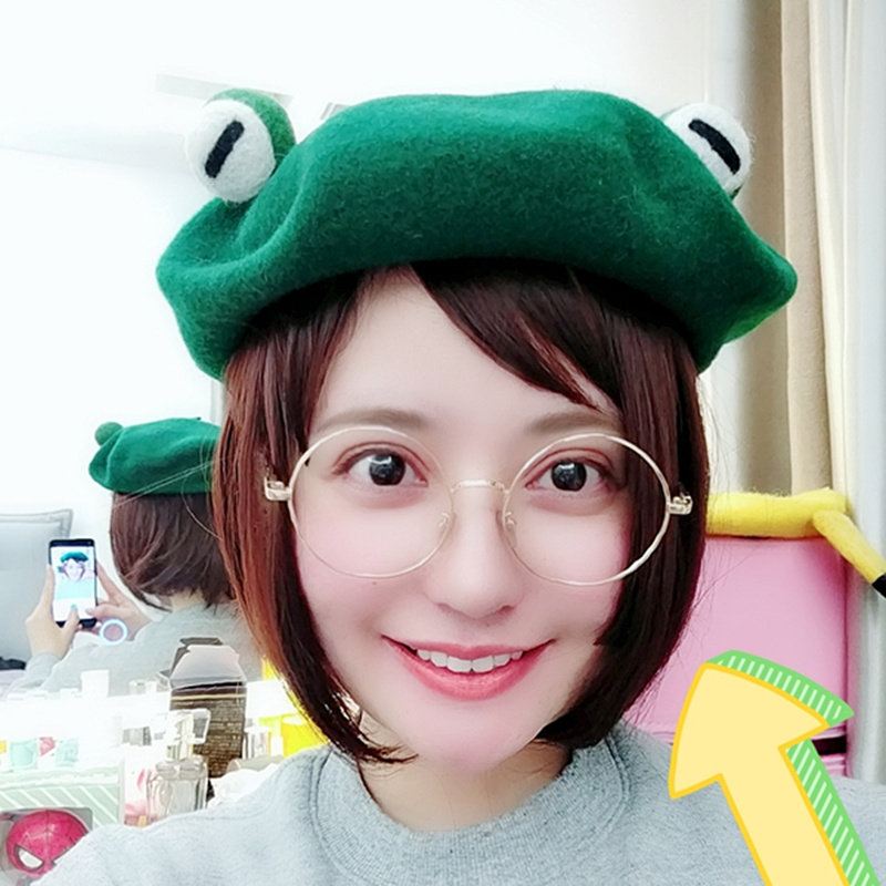秋冬新款手工羊毛毡可爱搞怪青蛙贝雷帽原谅绿帽子分手礼物绿帽