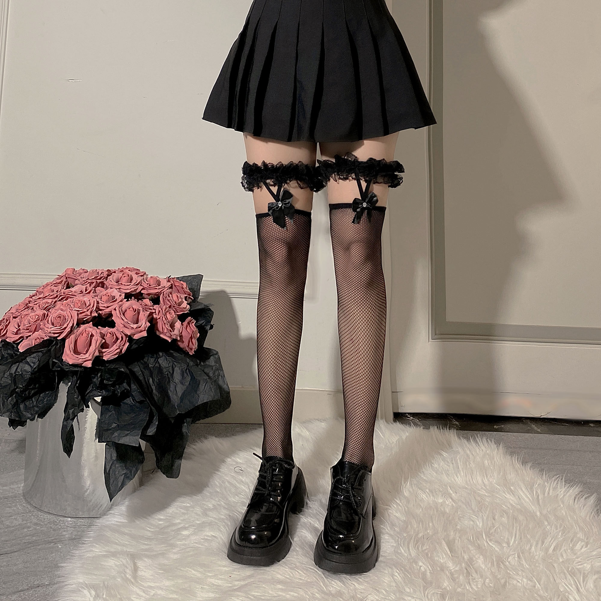 蝴蝶结蕾花边过膝高筒袜性感黑吊带腿环jk半截大腿渔网袜薄款,淘宝优惠券,粉丝福利购,淘宝优惠卷