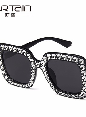 2018新款大框镶钻太阳镜5702 欧美方形百搭墨镜时尚四方太阳眼镜