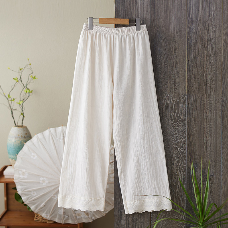【棉麻】新款居家文艺休闲裤花边刺绣阔腿裤宽松九分拼接蕾丝裤女,淘宝优惠券,粉丝福利购,淘宝优惠卷