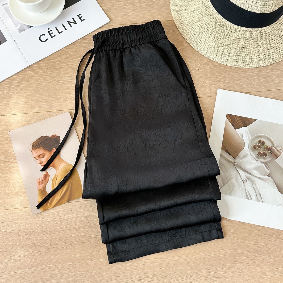 2025夏新款桑蚕丝提花双面皱高档纯色缎面长裤直筒窄版阔腿裤薄款 - 图3