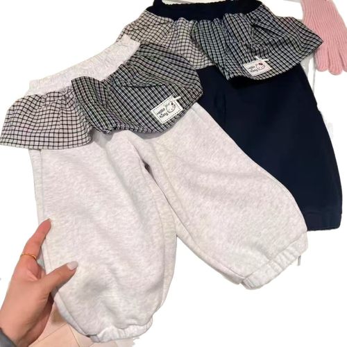 女童秋冬新款一体绒卫裤韩版儿童洋气格子荷叶边拼接灯笼裤潮 - 图3