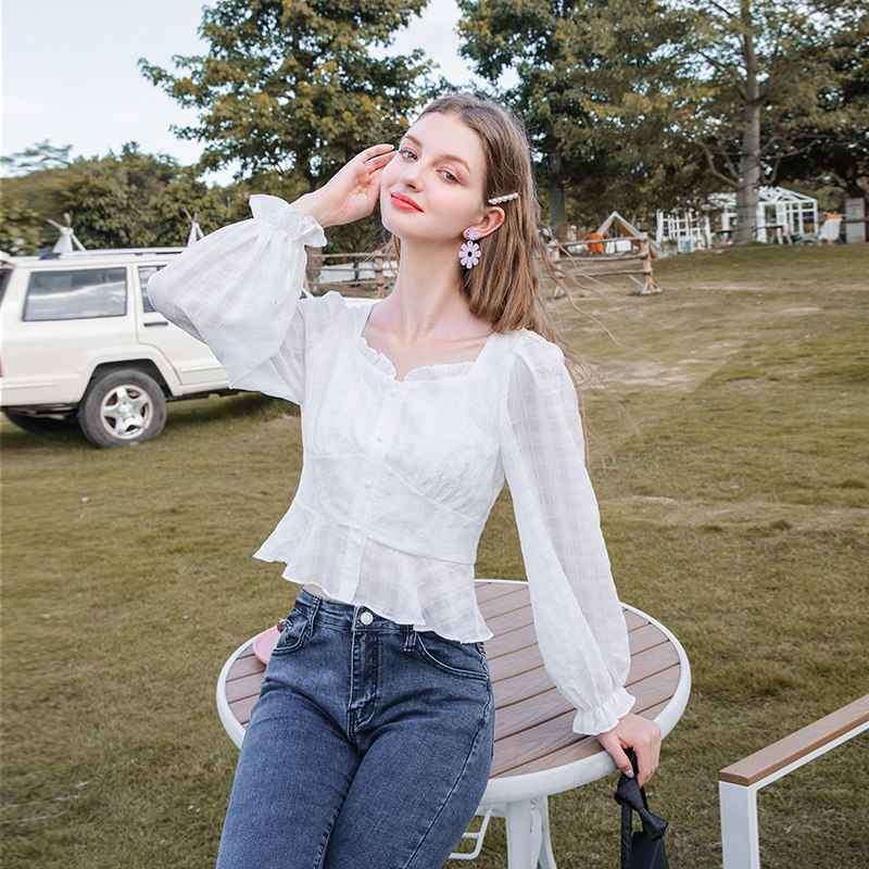 zk法式方领锁骨女心机设计感雪纺衫 zk蕾丝衫/雪纺衫