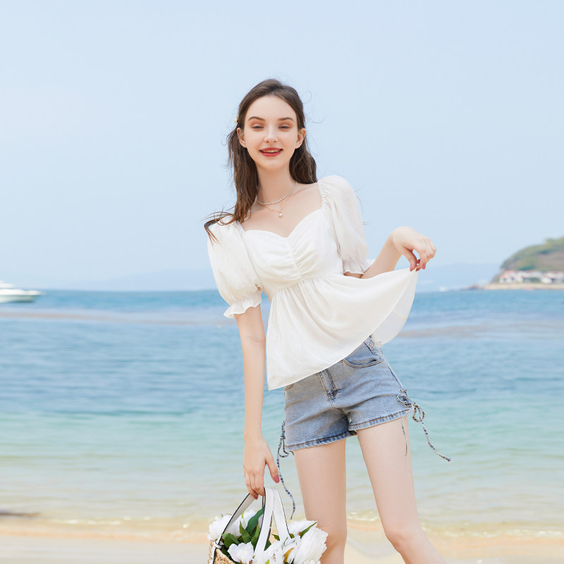 zk lin法式设计感小众锁骨夏雪纺衫 zklin蕾丝衫/雪纺衫