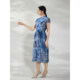 Pink and Blue Wardrobe 2026 Summer New Style Pine Tao Emerald New Chinese Stand Collar Print Drapey Acetate Short Sleeve Dress