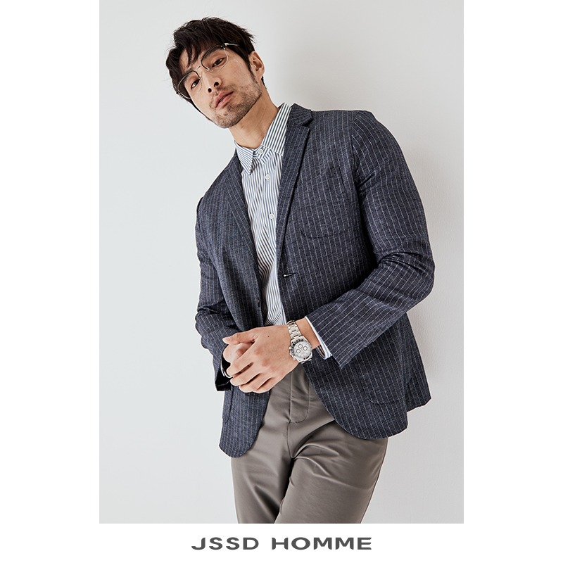 JSSD HOMME 亚麻便服西服男士条纹春秋季修身商务休闲西装外套男