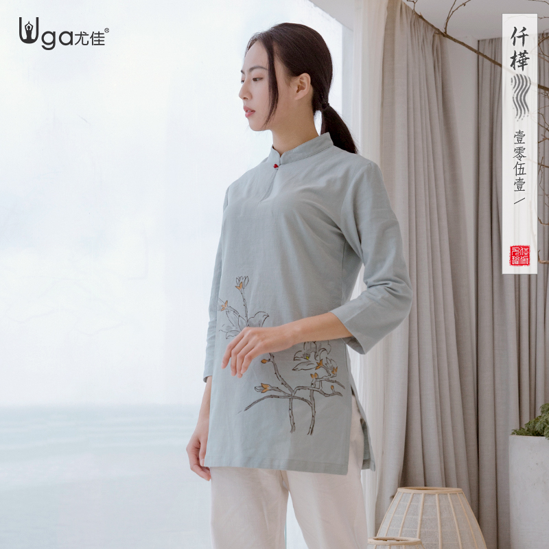 尤佳棉麻瑜伽服套装女新款民族宽松瑜珈服汉服禅修服居士服女 - 图2